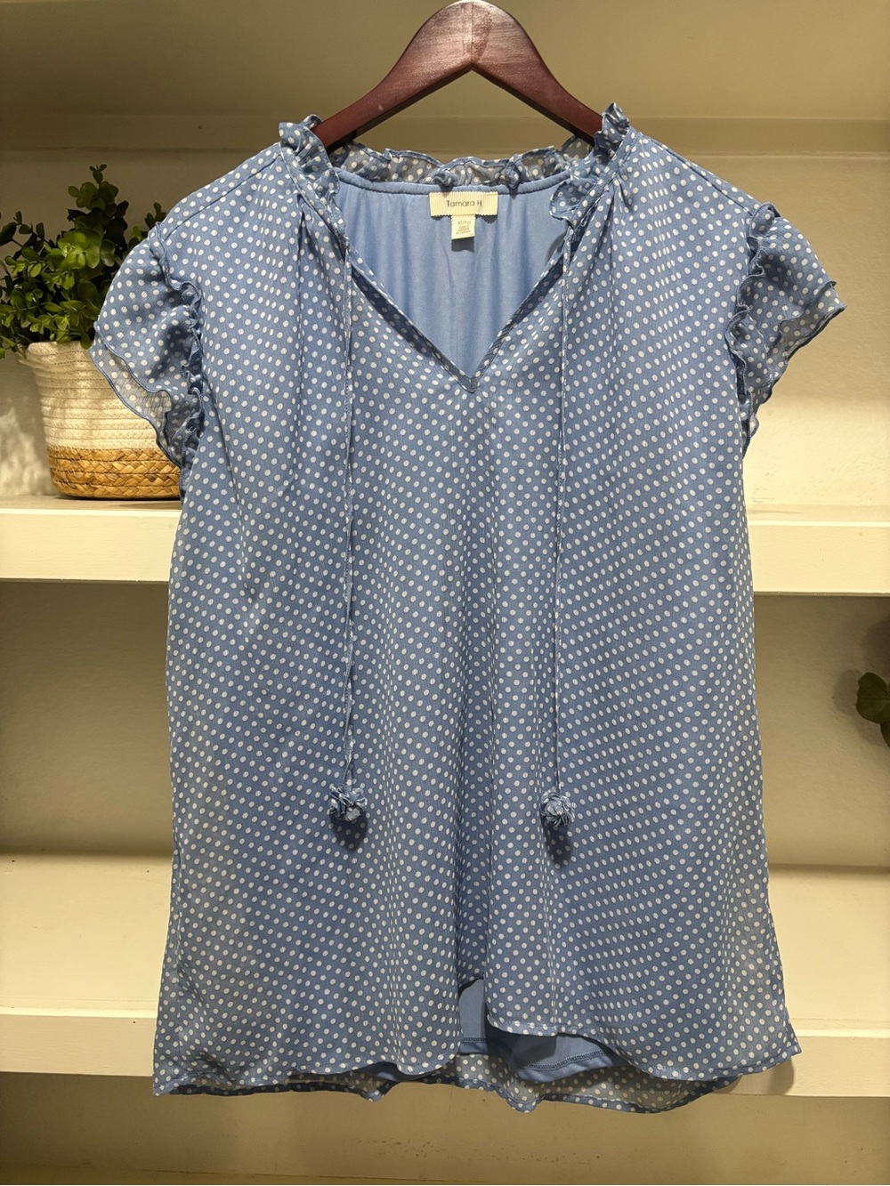 Light Blue Polka Dot Ruffle Sleeve V-Neck Top